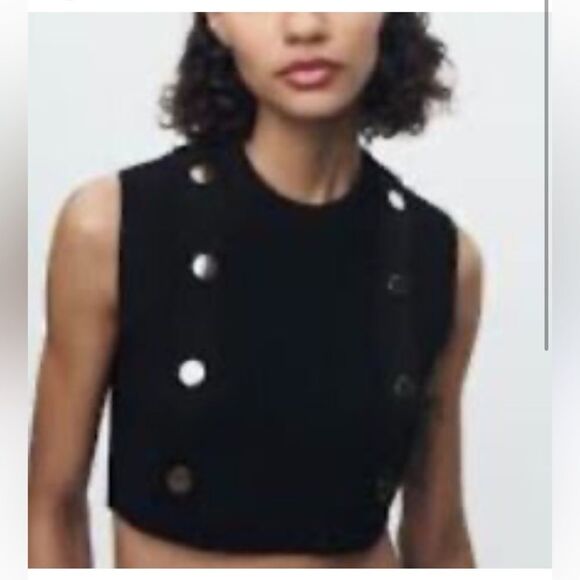Zara Black Crop Top Knit Jewel Gold Button Size S - Picture 1 of 8